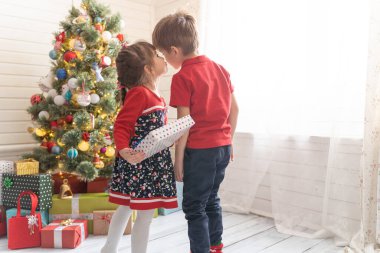 Oğlan, parlak güneşli bir odada bir kıza Noel hediyesi verir.