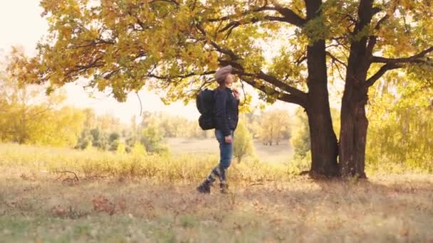 Meisje toerist op een wandeling in het herfstbos — Stockvideo