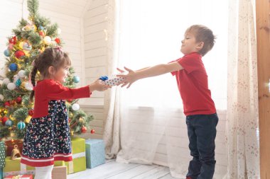 Oğlan, parlak güneşli bir odada bir kıza Noel hediyesi verir.
