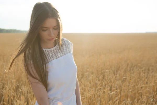 Mujer joven y bonita en el campo al atardecer . Fotos De Stock Sin Royalties Gratis