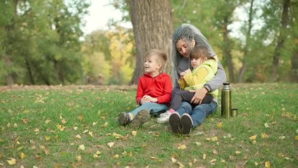 Mom with son and daughter in the park in autumn — Stock Video
