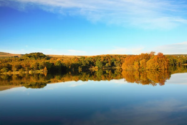 Beautiful, sunny Autumn landscape with orange trees and reflection in the lake, Scotland — Stock Photo, Image