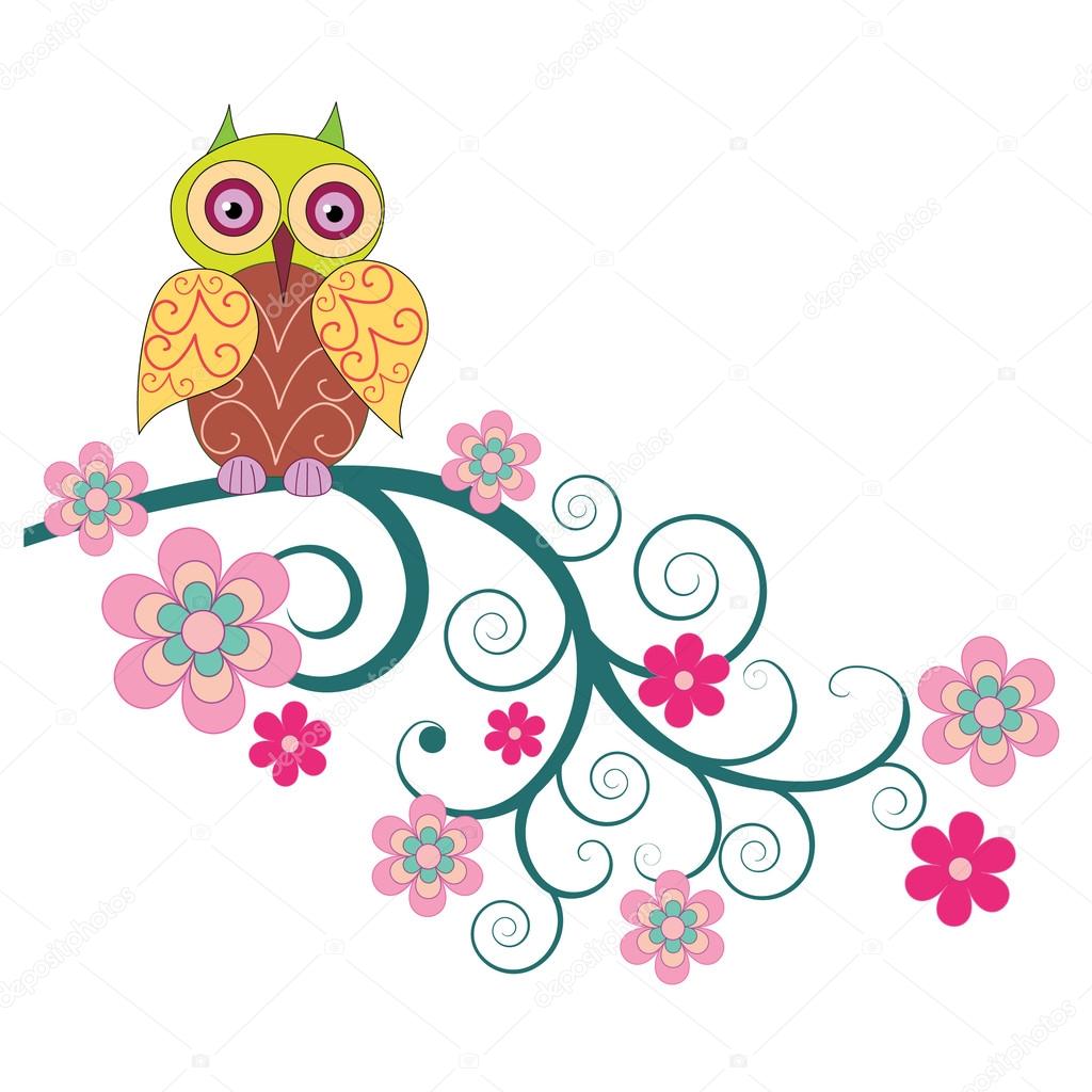 A cute owl sitting on the branch of flowers vector illustration