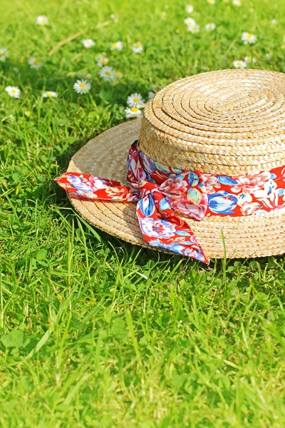 Sommer-Strohhut auf dem Gras — Stockfoto