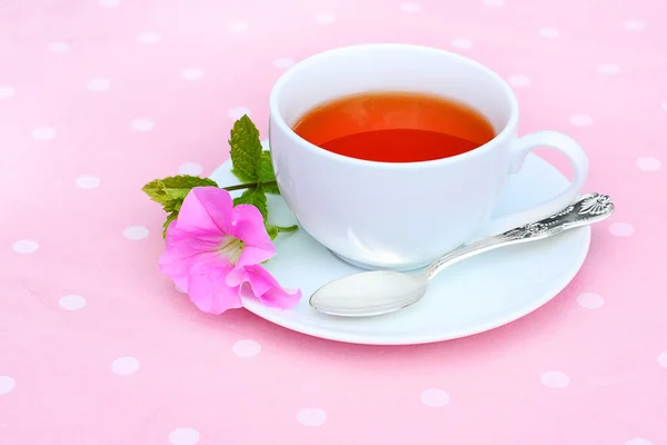 Fresh tea in a white teacup — Stock Photo, Image