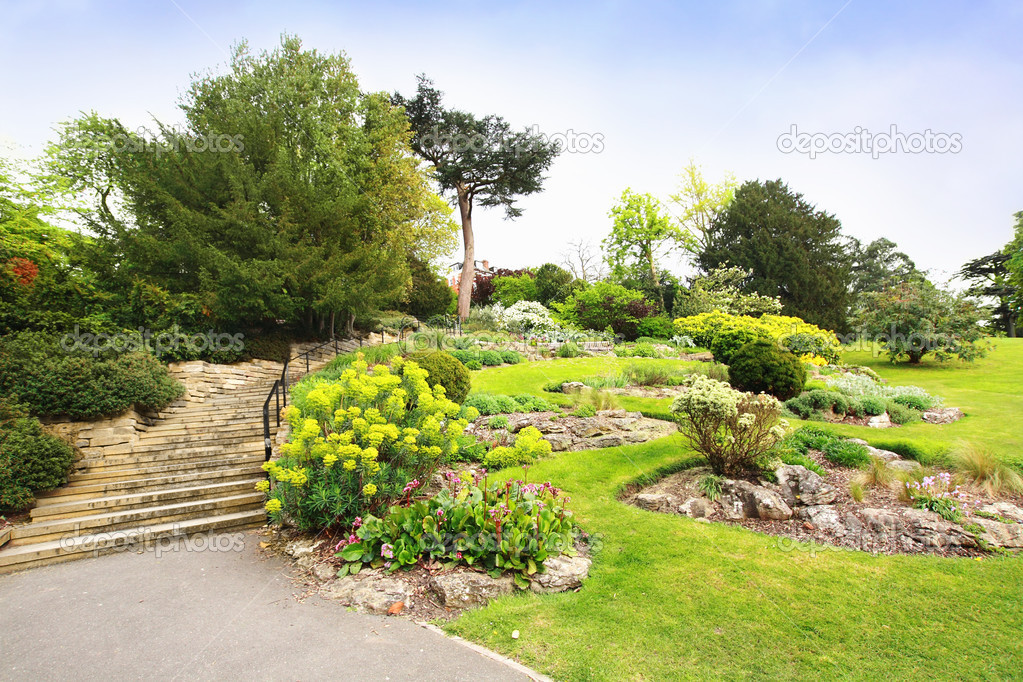 Beautiful park with trees and stone steps