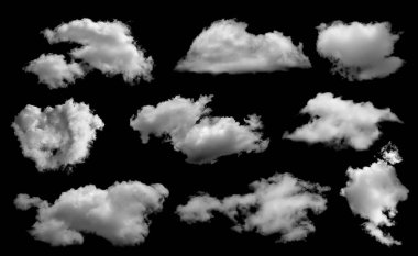 Siyah arkaplanda beyaz bulutlar izole, blac üzerinde kumaşlar ayarlandı