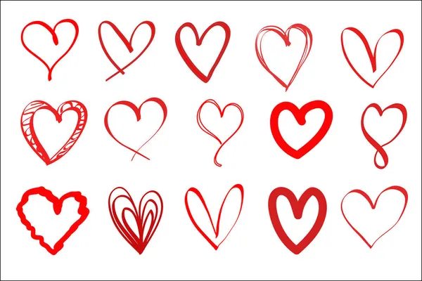 Herzvektorset Handzeichnung Rotes Herz Form Doodle Art Skizze Stil Liebe — Stockvektor