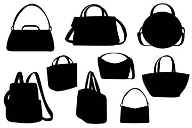 Silüet taşıyıcı torba. Bayan moda koleksiyonu çantaları ve sırt çantası. Zarif el çantası, siyah siluetler. Vektör illüstrasyonu, EPS10