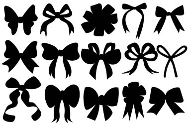 Pruva kurdelesi siluet vektörü. Etiket, hediye paketi, davetiye kartı, pankart, fiyonk ve kurdele koleksiyonu için siyah kurdele grafiği. Vektör illüstrasyonu