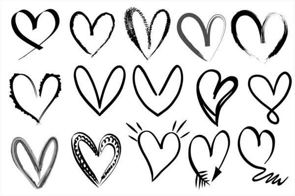 Hartvectorset Handtekening Rood Hart Vorm Doodle Kunst Schets Stijl Liefde — Stockvector