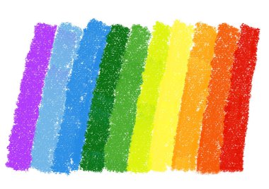 Gökkuşağı spektrumu pastel renkli kalemle çizilmiş karalama çizimleri. Çocuk resimleri boyuyor.