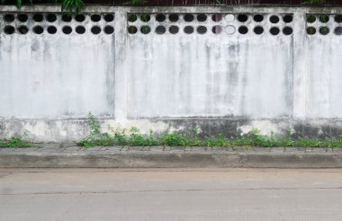 Street concrete wall background with urban asphalt road and sidewalk pavement. Old grunge empty street wall for billboard advertisement, information, template and desig