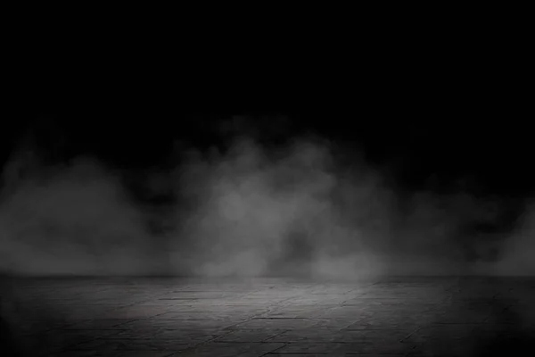 Τσιμεντένιο Δάπεδο Καπνό Ομίχλη Σκοτεινό Δωμάτιο Προβολείς Βραδινή Οδός Άσπαλτ — Φωτογραφία Αρχείου