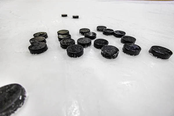 Hockey Pucks Empty Ice Rink — Stock Photo, Image