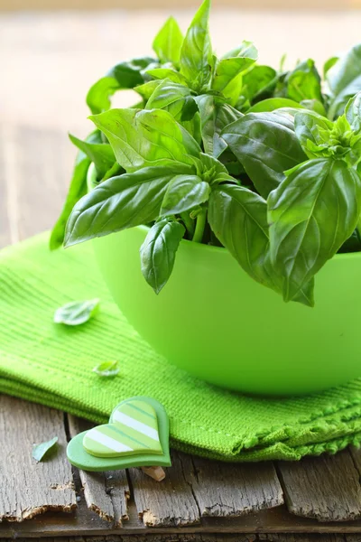 Manjericão verde fresco em uma mesa de madeira — Fotografia de Stock