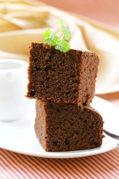 Chocolate cake brownie with a mint leaf on a plate — Stock Photo, Image