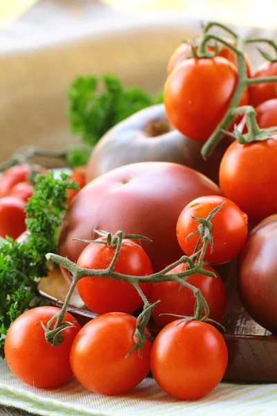 Different varieties of tomatoes on wooden plate — Stock Photo, Image