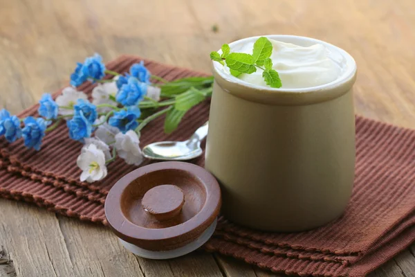 Produto lácteos (creme azedo, iogurte) em jarra de cerâmica — Fotografia de Stock