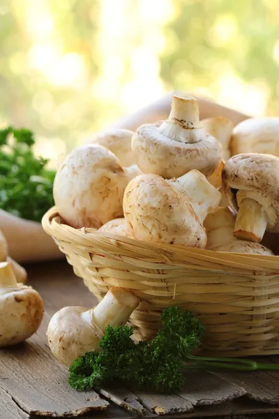 Champiñones frescos en una canasta de mimbre — Foto de Stock