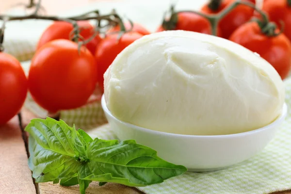 Bola de queijo mussarela com manjericão e tomate — Fotografia de Stock