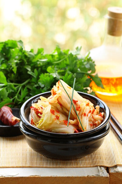 Korean cabbage kimchi with hot pepper