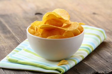 Potato chips in a white bowl on a wooden table