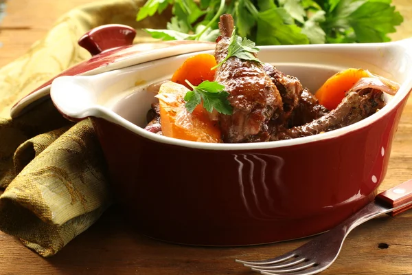 Traditional French cuisine - chicken in wine, coq au vin — Stock Photo, Image