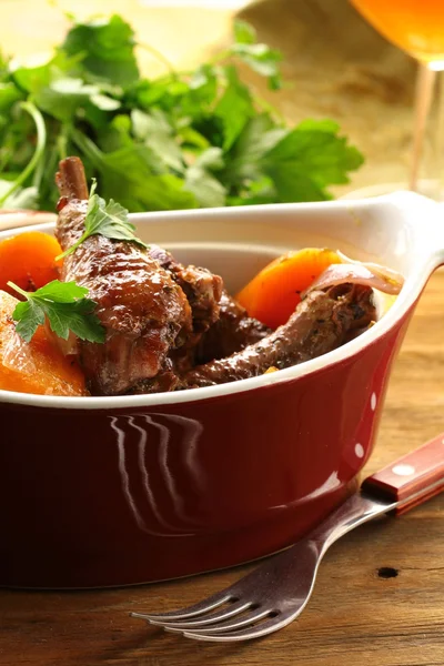 Traditional French cuisine - chicken in wine, coq au vin — Stock Photo, Image