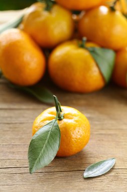 Olgun sulu mandalina, portakal mandalina ile tahta masada bırakır.