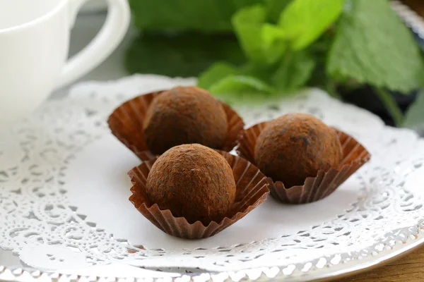 Choklad godis tryffel med färsk mynta — Stockfoto