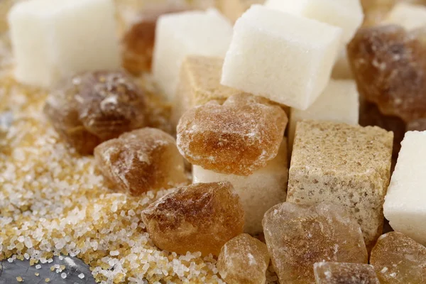 Şeker - kahverengi, beyaz ve rafine şeker farklı türleri — Stok fotoğraf