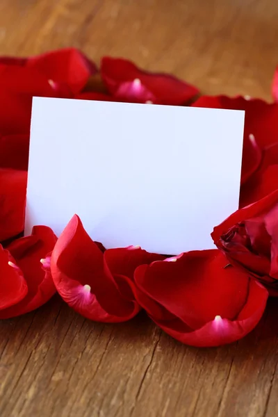 Pétalos de una rosa roja y una tarjeta para grabar — Foto de Stock