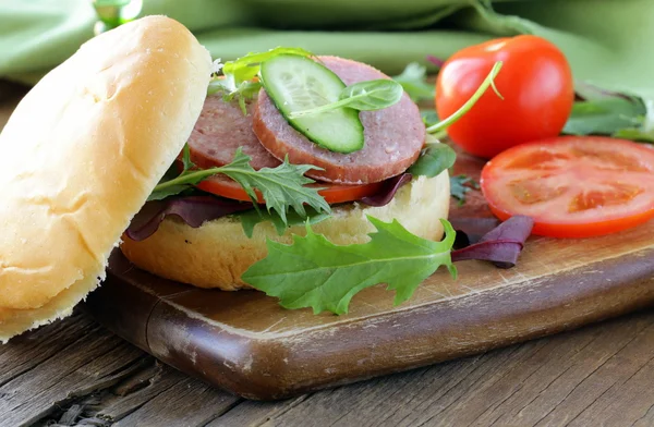 汉堡，香肠和蔬菜 (黄瓜、 西红柿和生菜) — 图库照片