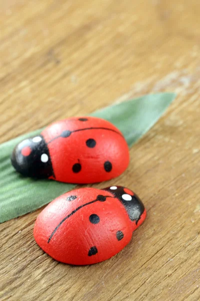 Wooden ladybugs symbol of spring — Stock Photo, Image