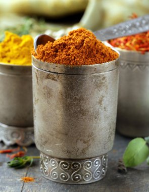 gottfriedingmetal kâse içinde çeşitli baharatlar (curcuma, kırmızı biber, safran)