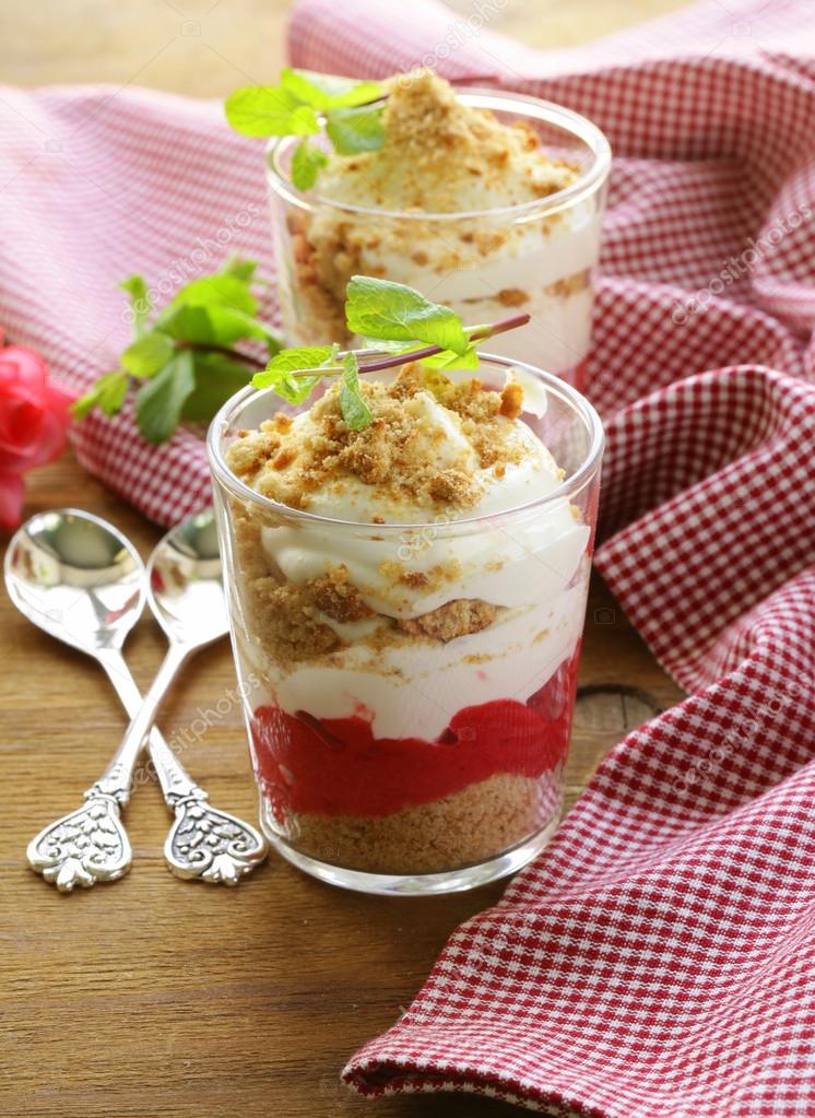 Dairy dessert with strawberries, trifle in glasses Stock Photo by