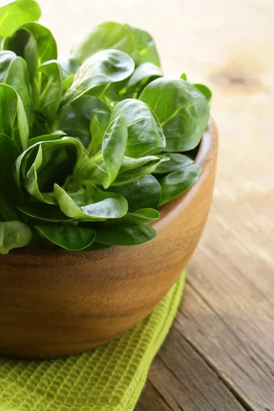 Fresh green salad valerian in a wooden bowl — Stock Photo, Image