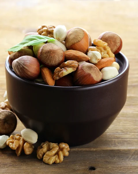 Blanda nötter - valnötter, hasselnötter, mandel på ett träbord — Stockfoto