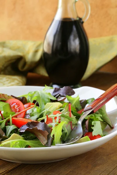 Mélange de salade avec avocat et concombre, avec vinaigrette balsamique — Photo