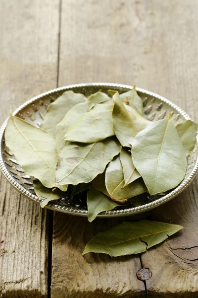 Torkade lagerblad på ett silverfat — Stockfoto