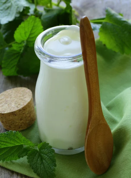 Organic dairy products (yogurt, sour cream) in a glass jar — Stock Photo, Image