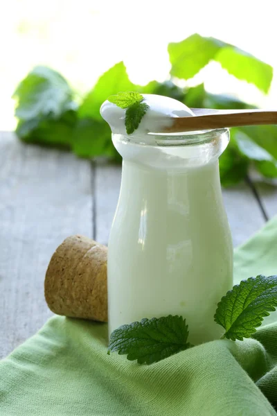 Organic dairy products (yogurt, sour cream) in a glass jar — Stock Photo, Image