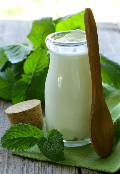 Produtos lácteos (iogurte, nata azeda) em frasco de vidro — Fotografia de Stock