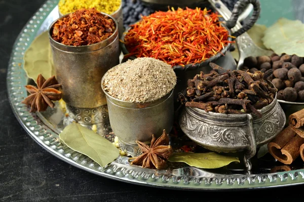 Collection of various spices (paprika, turmeric, pepper, aniseed, cinnamon, saffron) — Stock Photo, Image