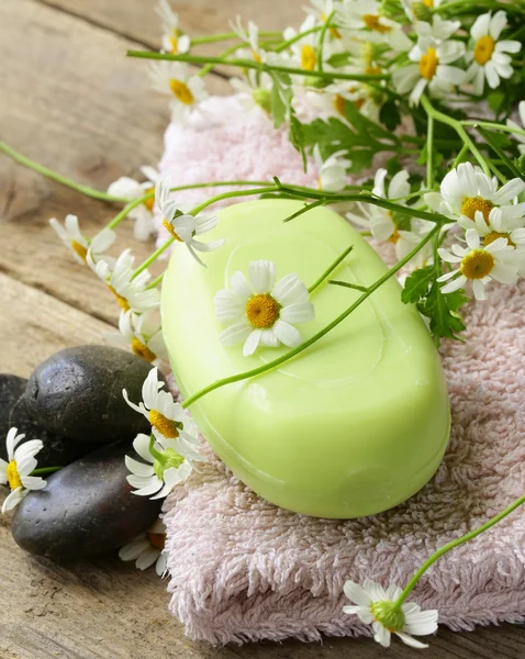 Jabón artesanal con flores sobre fondo orgánico — Foto de Stock