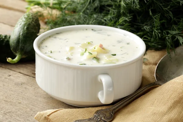 Traditionelle kalte russische Suppe mit Gemüse (okroshka)) — Stockfoto