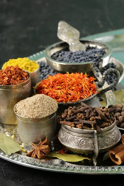 Collection of various spices (paprika, turmeric, pepper, aniseed, cinnamon, saffron) — Stock Photo, Image