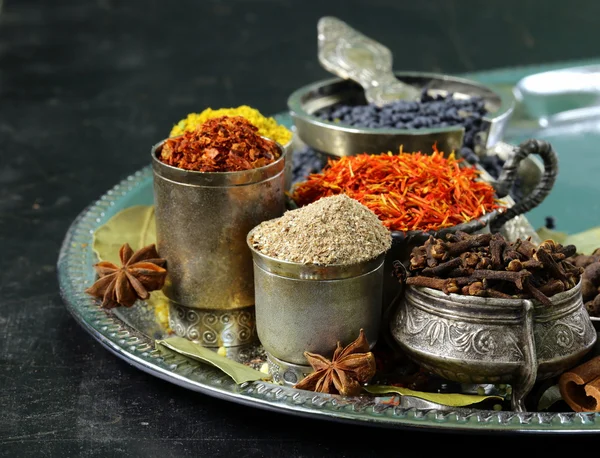 Collection of various spices (paprika, turmeric, pepper, aniseed, cinnamon, saffron) — Stock Photo, Image