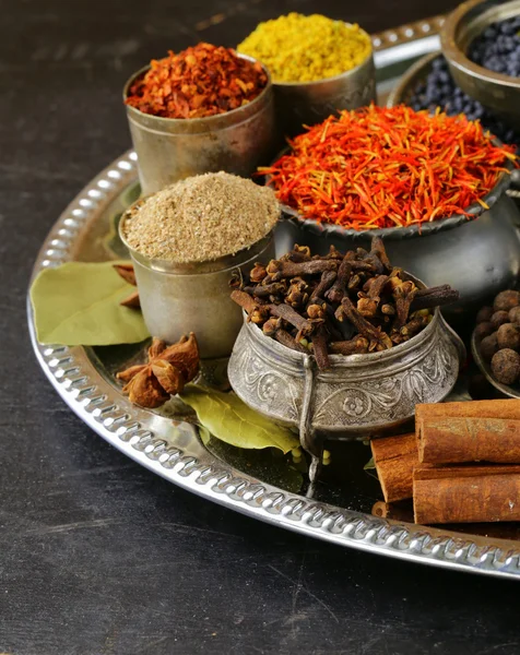 Collection of various spices (paprika, turmeric, pepper, aniseed, cinnamon, saffron) — Stock Photo, Image